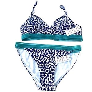 NEW Cole of California Two Piece Bikini Swimsuit Mesh Detail Blue White Size L